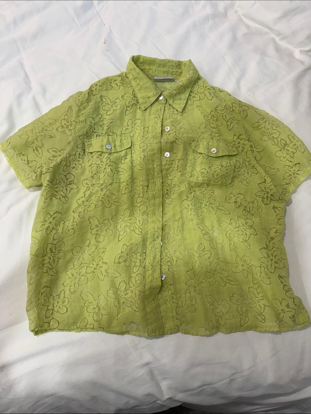 Lime Green Tropical Floral Short-Sleeve Button-Up Linen Shirt